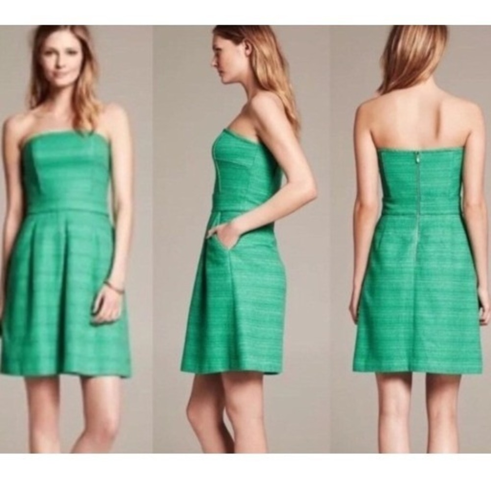 Banana Republic Green Tweed Strapless Cocktail Dress Pockets Wedding Guest 12